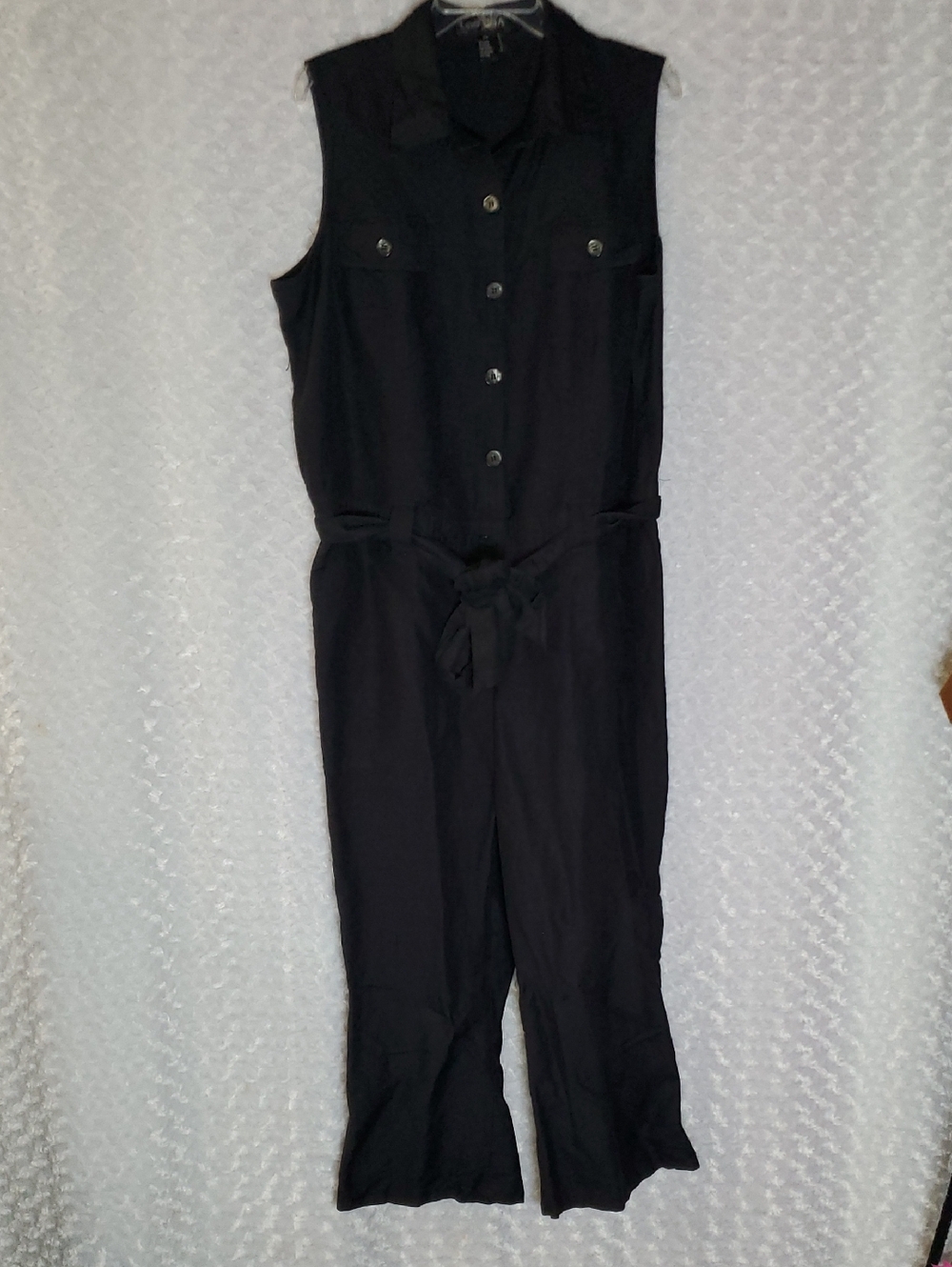 Lino USA Sleeveless Black Button-Front Jumpsuit with Self-Tie Waist 16W